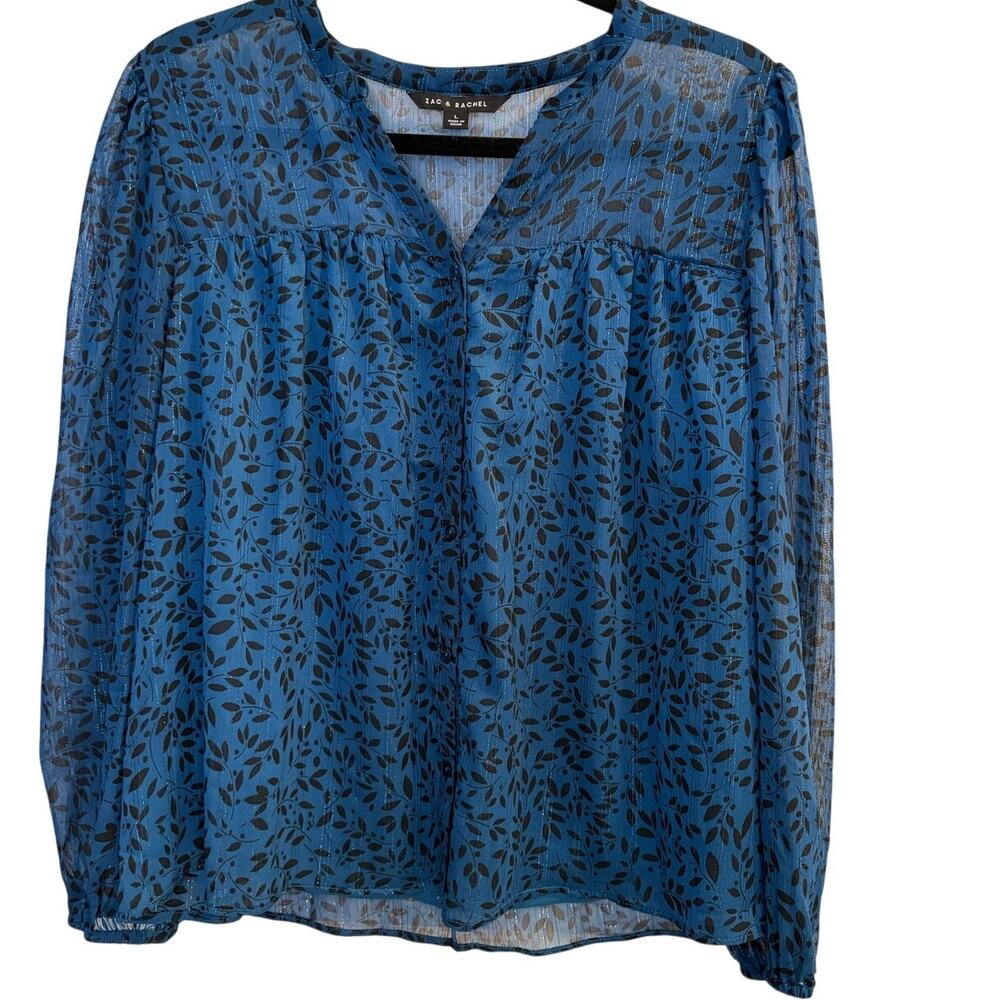 Zac & Rachel Blue Leaf Print Sheer Georgette Blouse Metallic Stripe Size Large